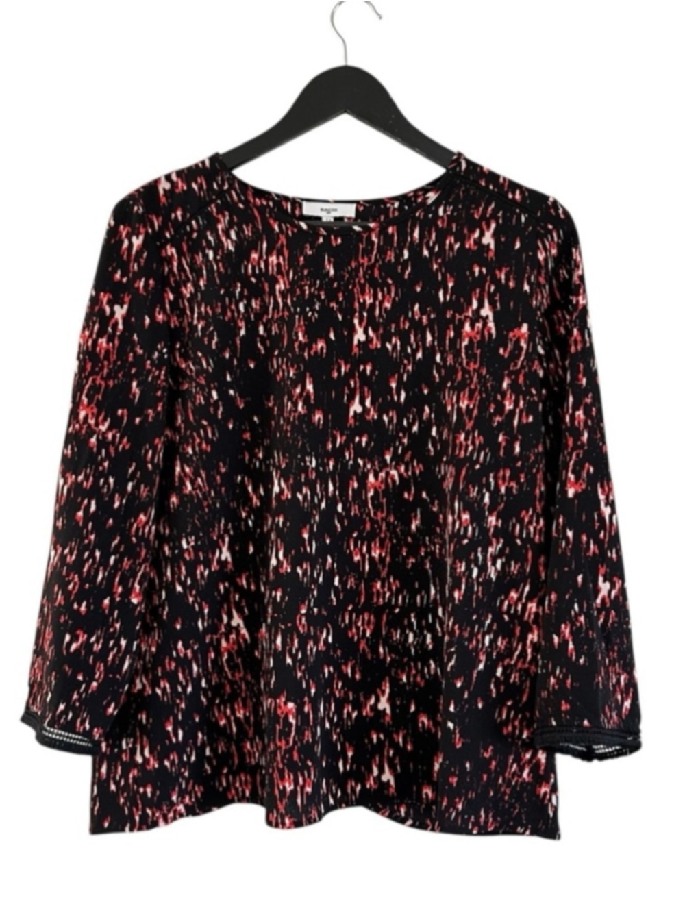 SUNCOO Black and Red Patterned Blouse Size T3 Large Open Back 3/4 Sleeves